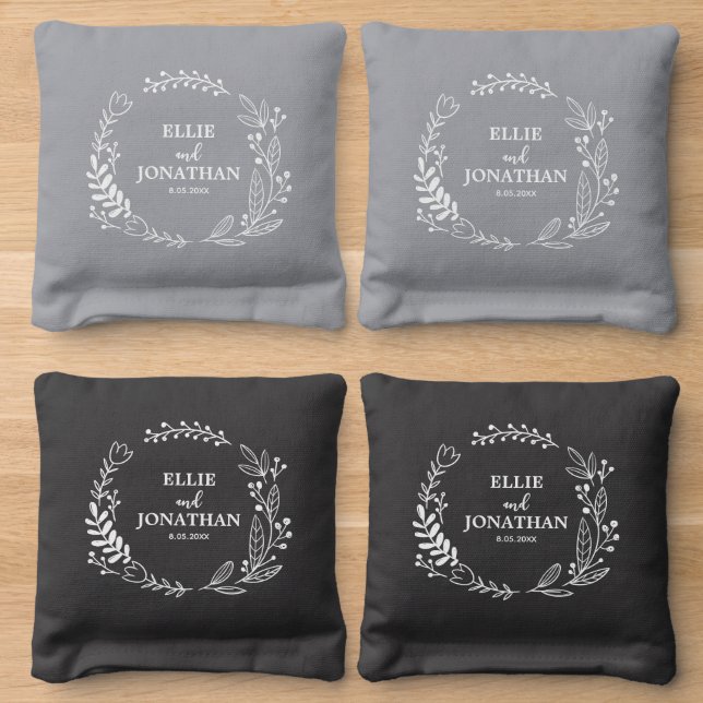 Wedding Couple Name Date Floral Wreath Custom Cornhole Bags (Wood)
