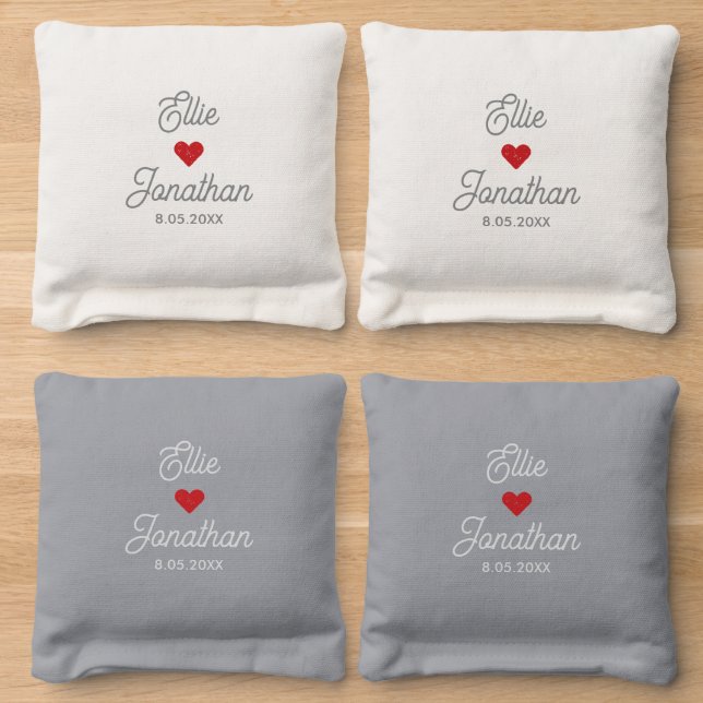 Wedding Couple Name Date Heart Simple Custom Text  Cornhole Bags (Wood)