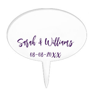 Wedding couple. Name date purple simple minimal mo Cake Topper