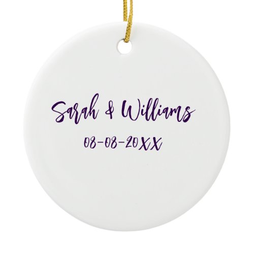 Wedding couple. Name date purple simple minimal mo Ceramic Ornament