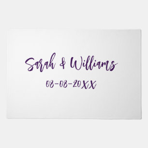 Wedding couple. Name date purple simple minimal mo Doormat