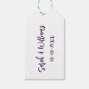 Wedding couple. Name date purple simple minimal mo Gift Tags