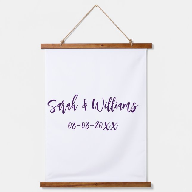 Wedding couple. Name date purple simple minimal mo Hanging Tapestry (Front)