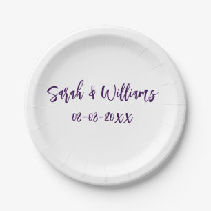 Wedding couple. Name date purple simple minimal mo Paper Plates