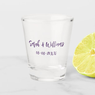 Wedding couple. Name date purple simple minimal mo Shot Glass