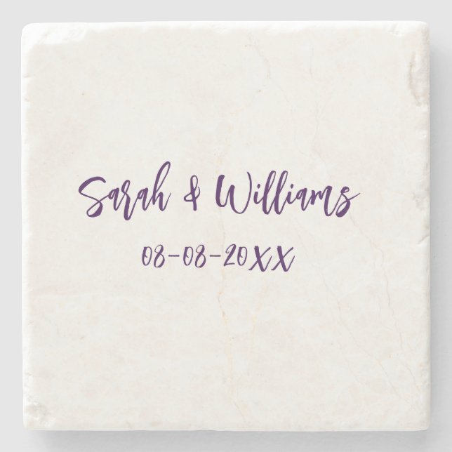 Wedding couple. Name date purple simple minimal mo Stone Coaster (Front)
