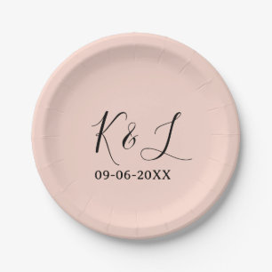 Wedding couple name letter date red pastel backgro paper plates