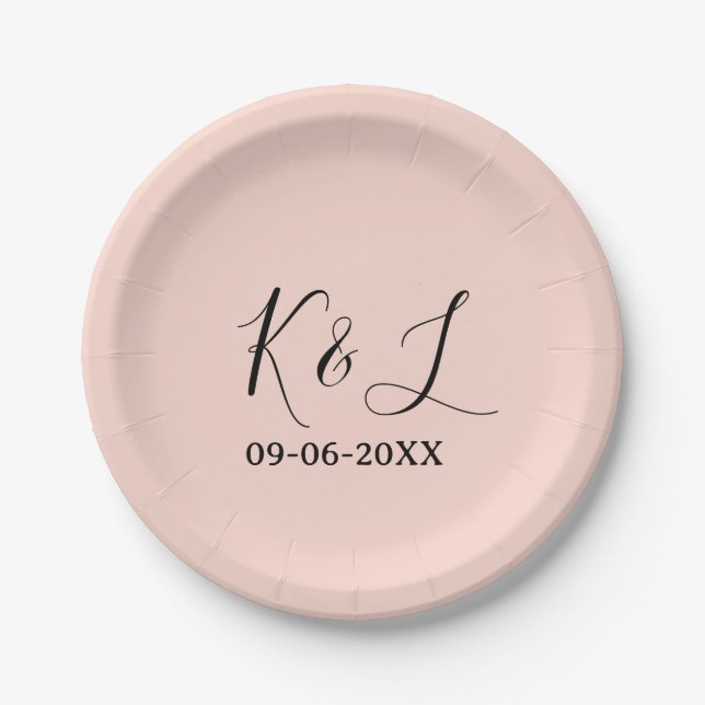 Wedding couple name letter date red pastel backgro paper plates (Front)