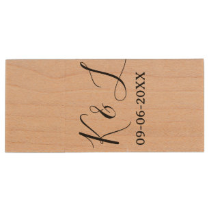 Wedding couple name letter date red pastel backgro wood flash drive
