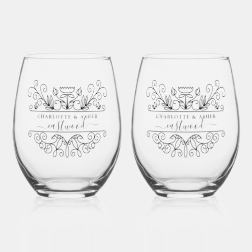 Wedding Couple Name Logo  Stemless Wine Glass