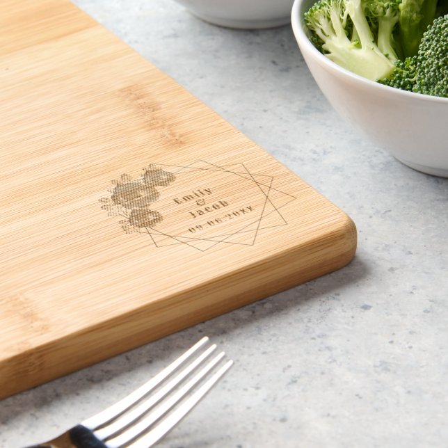 Wedding Couple Names Floral Geometric Corner Wood Engraved Cutting Board (Kitchen)