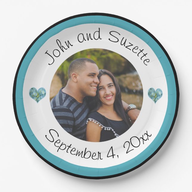 Wedding Couple Personalized Photo Names Date Paper Plates (Front)