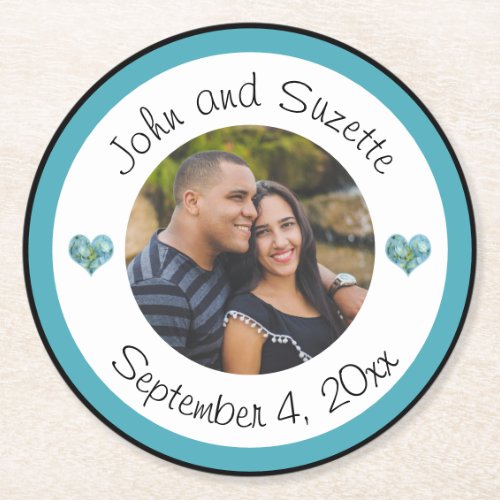 Wedding Couple Personalized Photo Names Date  Round Paper Coaster