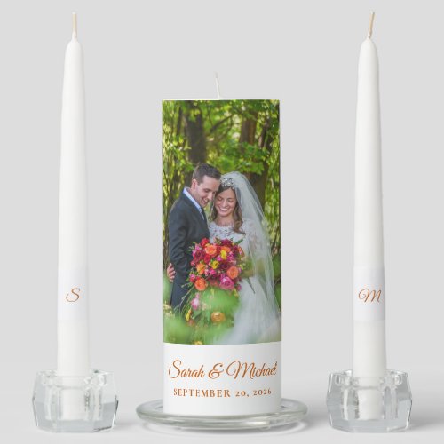 Wedding Couple Photo Burnt Orange Unity Candle Set