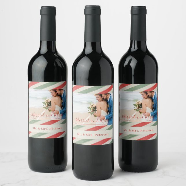 Wedding couple photo elegant Married and Married Wine Label (Bottles)