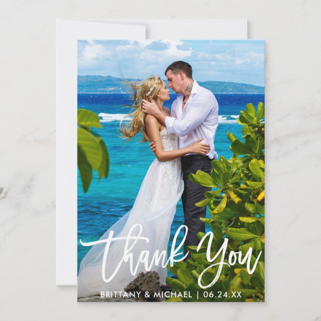 Wedding Couple Photo Modern Brush Script Thank You Card (Front)