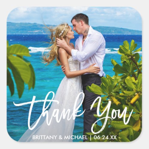 Wedding Couple Photo Modern Brush Script Thank You Square Sticker