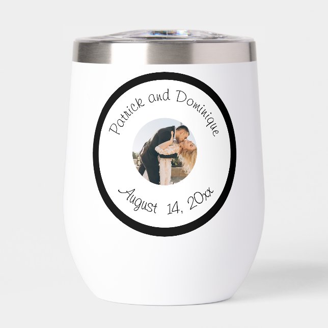Wedding Couple Photo Name Date Thermal Wine Tumbler (Front)