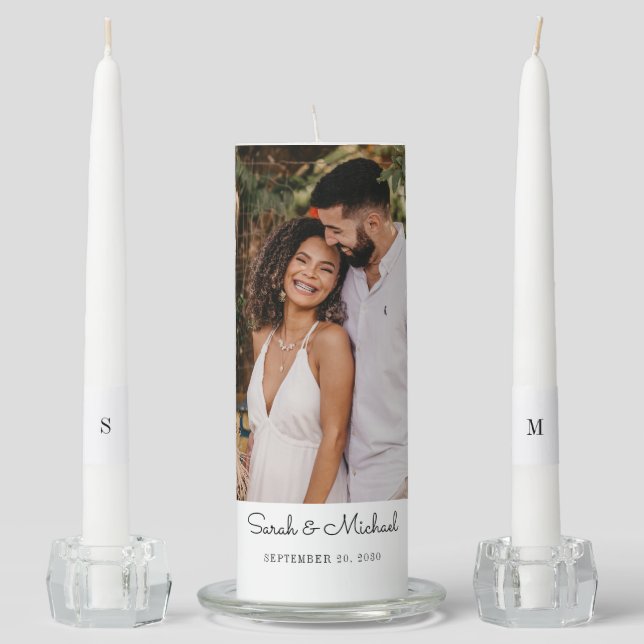 Wedding Couple Photo Names Date Initials Unity Candle Set (Front)