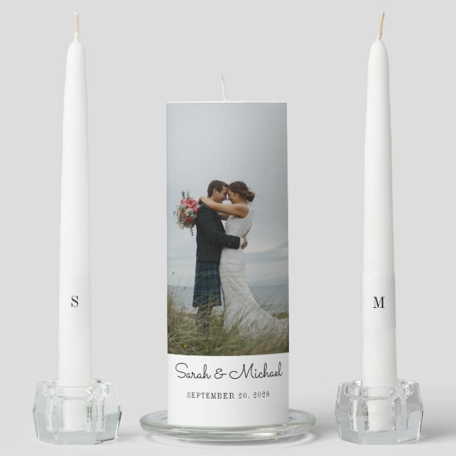 Wedding Couple Photo Names Date Initials Unity Candle Set (Front)