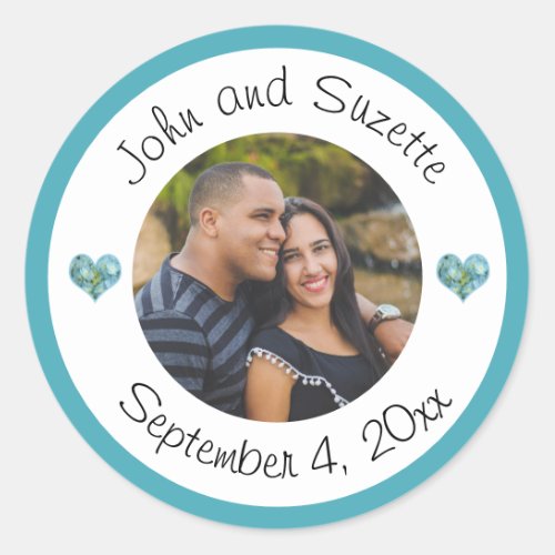 Wedding Couple Picture Hydrangea Heart Classic Round Sticker