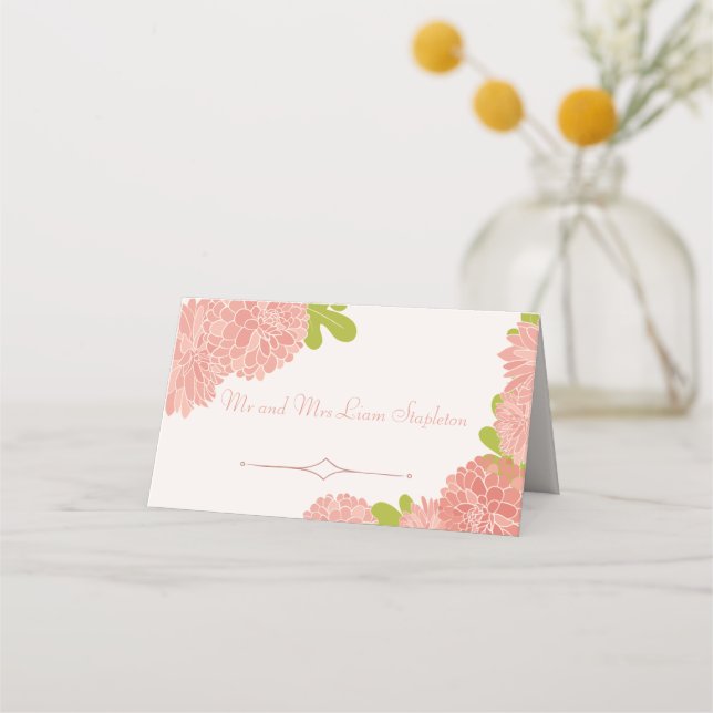 Wedding Couple Pink Dahlia Place Card (Front)