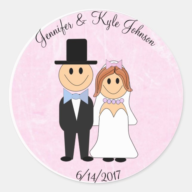 Wedding Couple Pink Personalized Wedding Date Classic Round Sticker (Front)