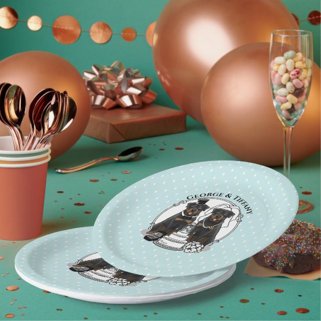Wedding Couple Rottweilers Bride and Groom Dogs Paper Plates (Multi)