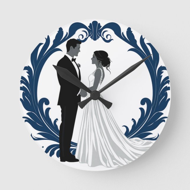 Wedding Couple Silhouette Holding Hands Round Clock (Front)