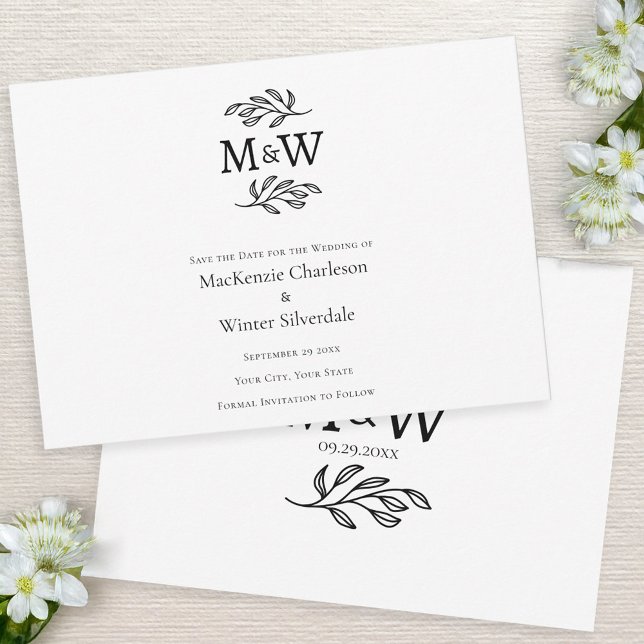 Wedding Couple Simple Monogram Initials Minimalist Save The Date (Modern elegant save the date wedding invitations with couple monogram initials & botanical line art)