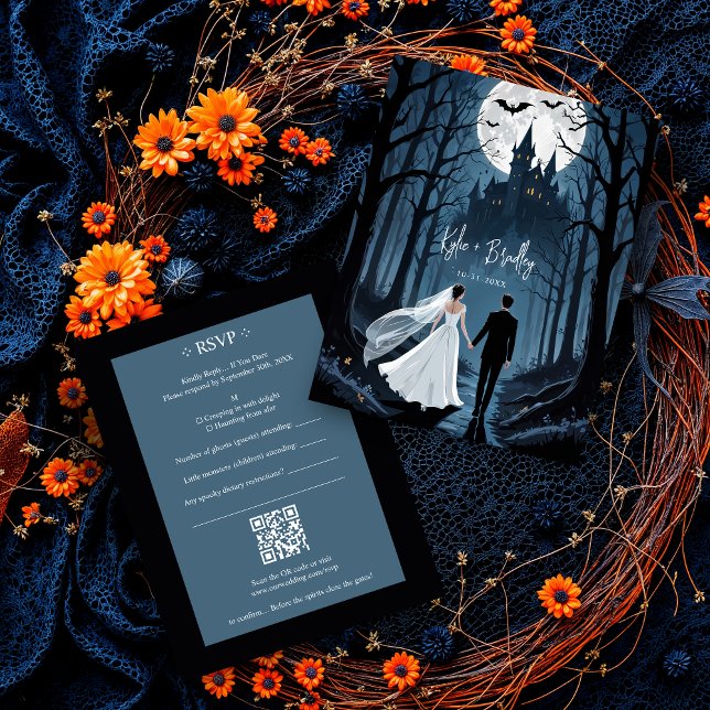 Wedding Couple Spooky Forest Toward Haunted Castle RSVP Card (Wedding Couple in Spooky Forest Toward Haunted Castle Confirmation RSVP Cards with QR Code.)