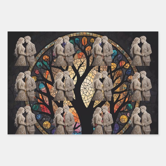 Wedding Couple & Tree of Life Wine Tote Wrapping Paper Sheets (Front 2)