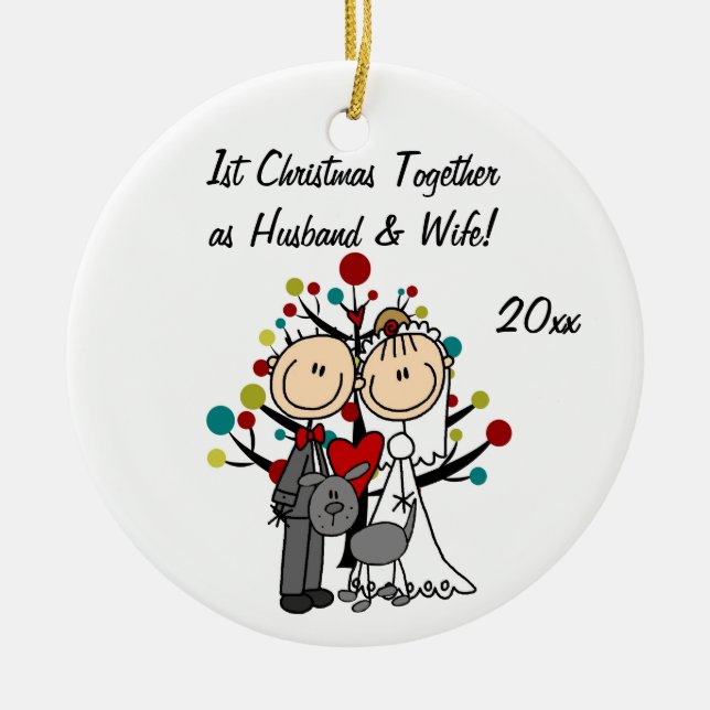 Wedding Couple With Gray Dog Holiday Ornament (Front)