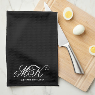 Wedding Couples Initials Script Monogram Black Kitchen Towel