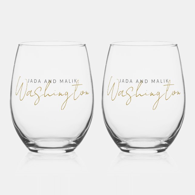 Wedding Couple's Name Monogram Gold Black Stemless Wine Glass (Front)