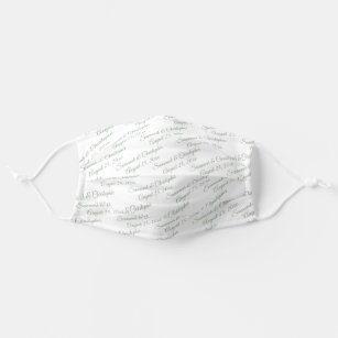 Wedding Couple's Names & Date Sage Green on White Adult Cloth Face Mask