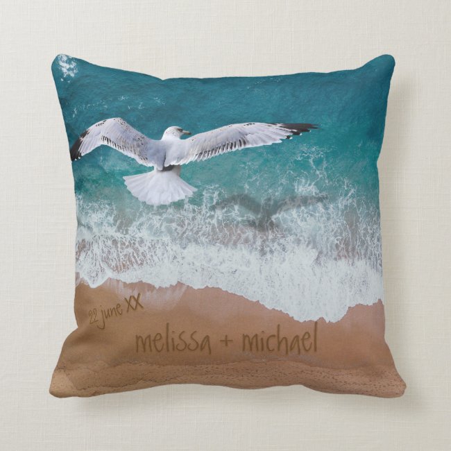 Wedding Couples Names in Sand Writing Coastal Pillow