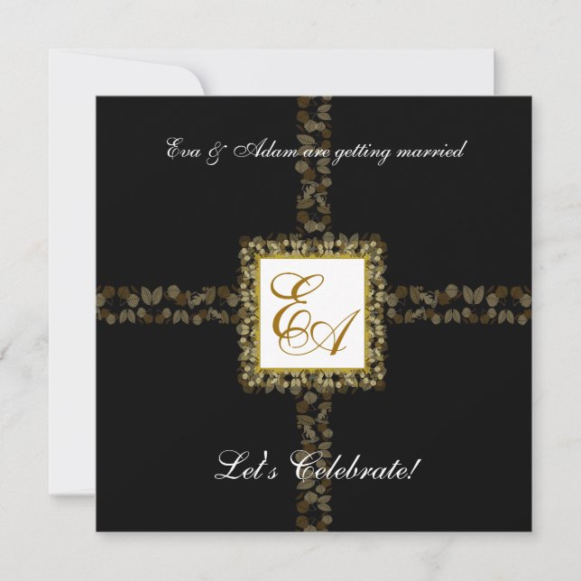 Wedding Couples Shower Invitation Leaf Gold Black (Front)