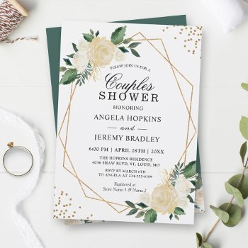 Wedding Couples Shower Modern Gold Greenery Floral Invitation by CardHunter at Zazzle
