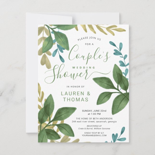 Wedding Couple's Shower Watercolor Foliage Invitation (Front)