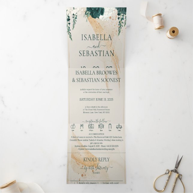 Wedding Cream All in one Emerald Green Rose Floral Tri-Fold Invitation (Inside)