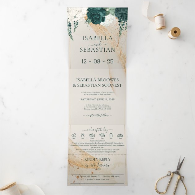 Wedding Cream All in one Emerald Green Rose Floral Tri-Fold Invitation