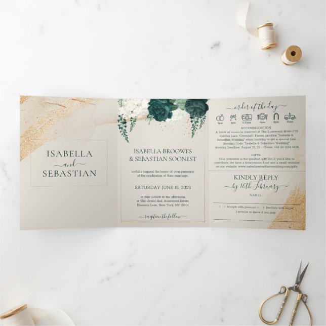 Wedding Cream All in one set Emerald Green Roses Tri-Fold Invitation (Inside)