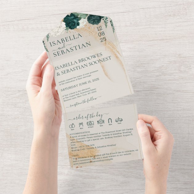 Wedding Cream All in save the date Emerald Green All In One Invitation