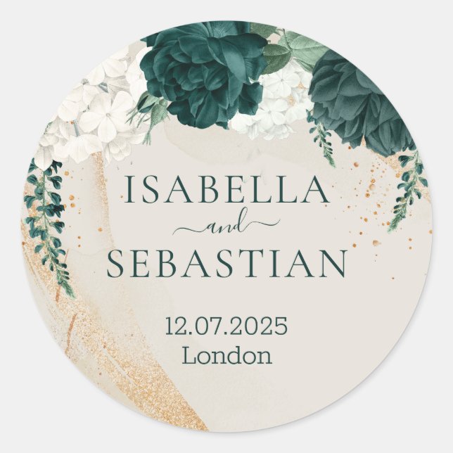 Wedding Cream Beige Emerald Green Rose Floral Classic Round Sticker (Front)