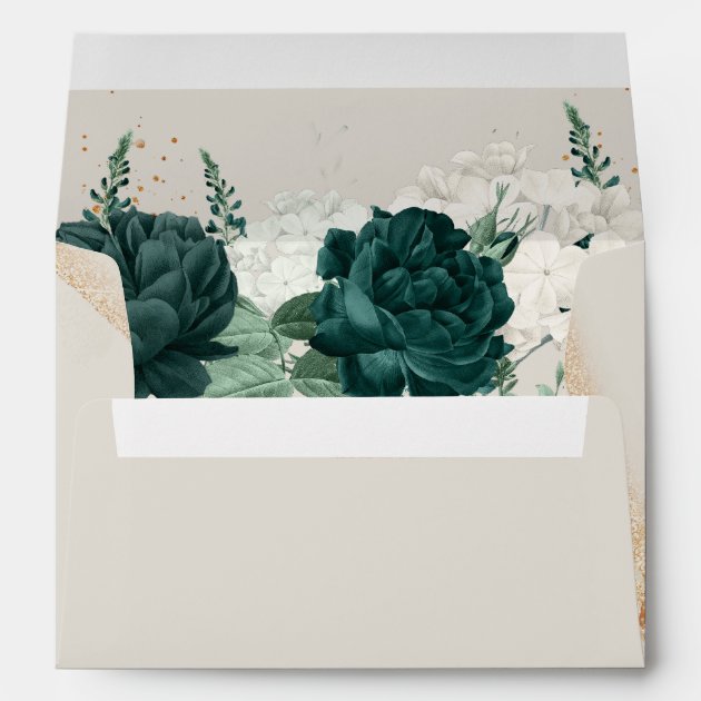 Wedding Cream Color Emerald Green Rose Floral Envelope