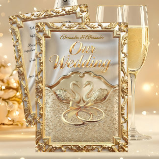 Wedding Cream Gold Swans Rings Gold Diamonds Invitation