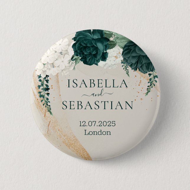 Wedding Cream Sage Emerald Green Rose Floral Button (Front)