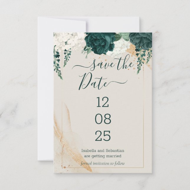 Wedding Cream Save the Date Emerald Green (Front)