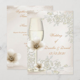 Wedding Cream Sepia Champagne Glass Flowers Invitation